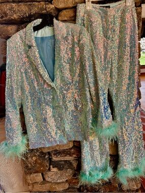 Nasty Gal Pastel Blue Sequin Blazer & Feather-Trim Pants - 2